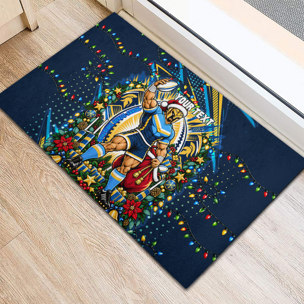 Personalized Gold Coast Titans Rugby Christmas Rubber Doormat Holiday Mascot Graphic Art Festive Lights Bow