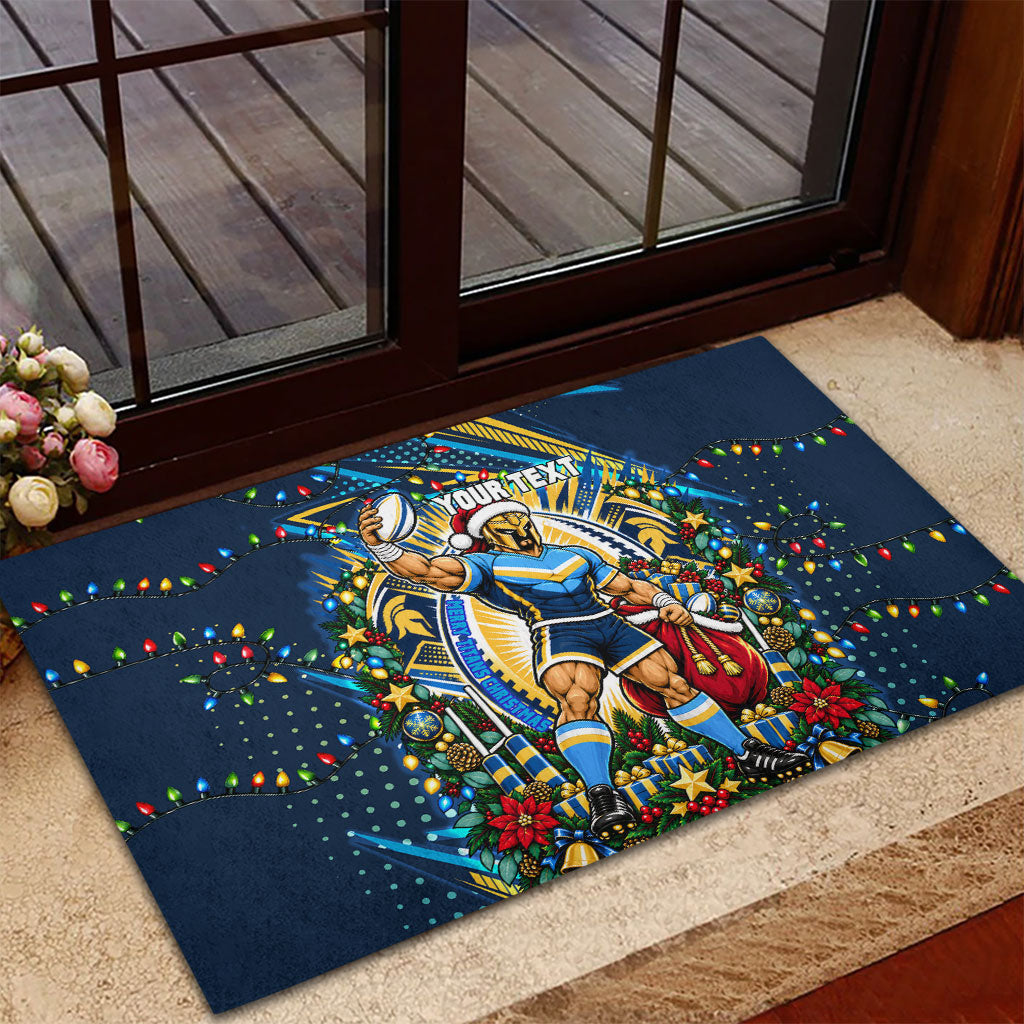 Personalized Gold Coast Titans Rugby Christmas Rubber Doormat Holiday Mascot Graphic Art Festive Lights Bow