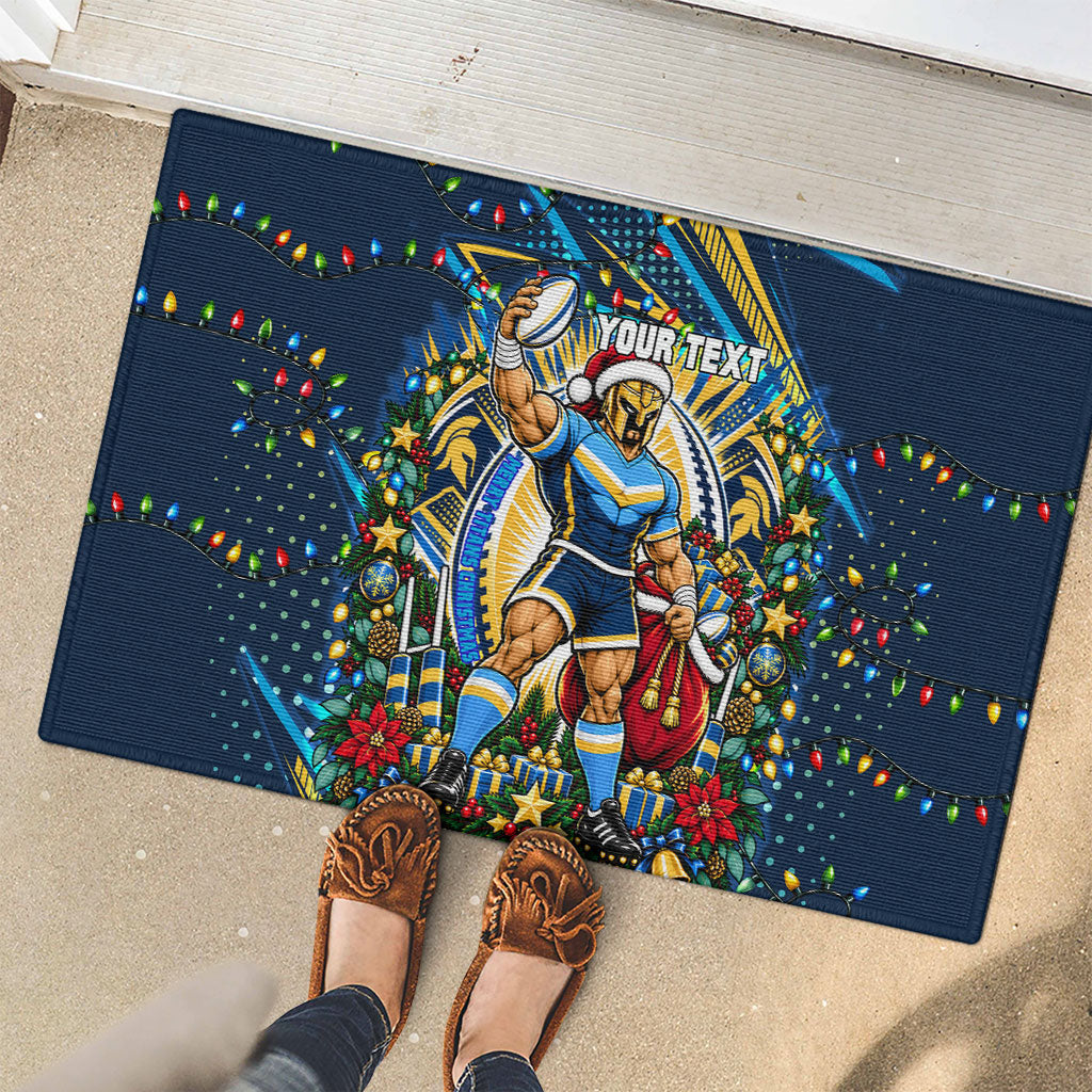 Personalized Gold Coast Titans Rugby Christmas Rubber Doormat Holiday Mascot Graphic Art Festive Lights Bow