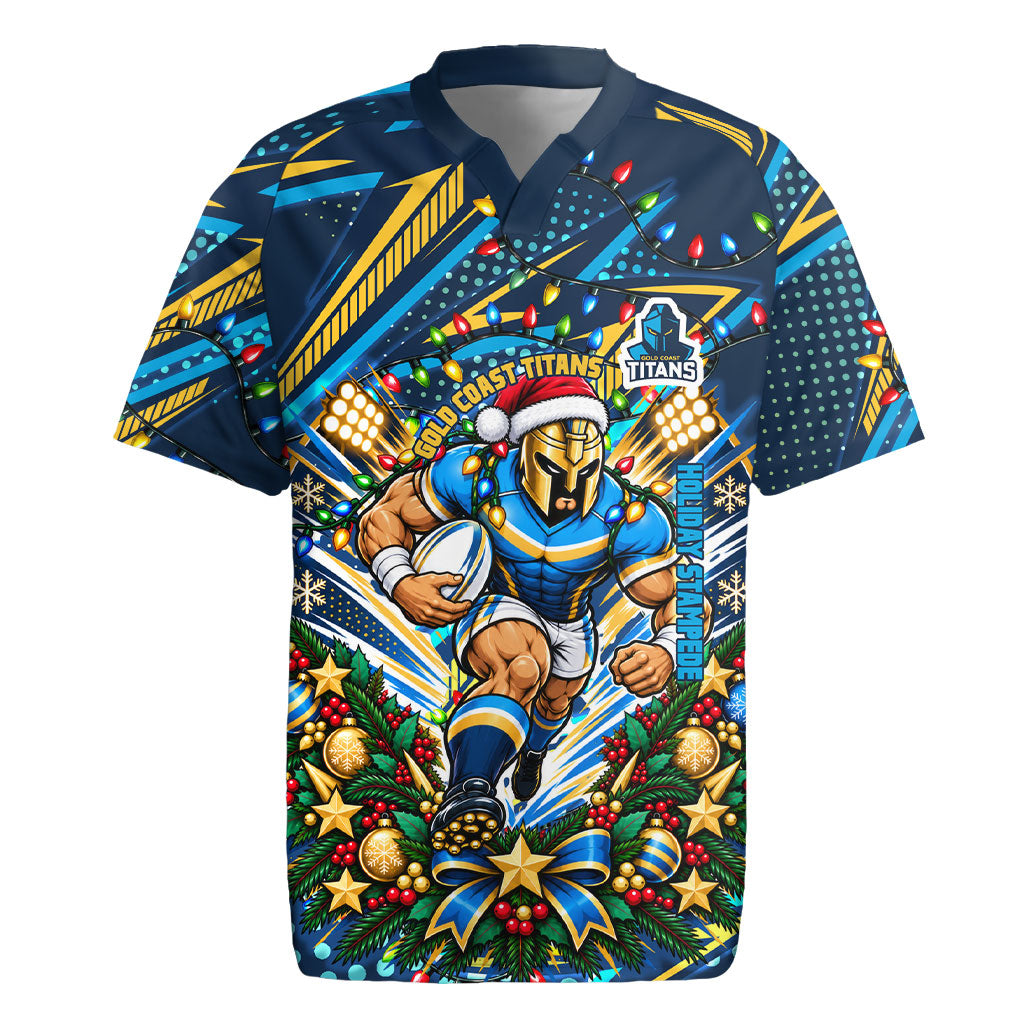 Personalized Gold Coast Titans Rugby Christmas Rugby Jersey Holiday Mascot Graphic Art Festive Lights Bow