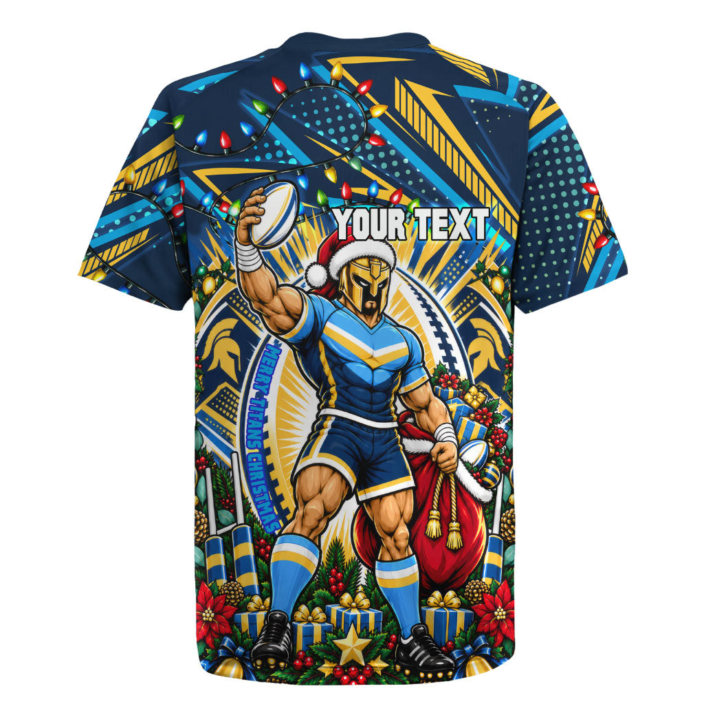Personalized Gold Coast Titans Rugby Christmas Rugby Jersey Holiday Mascot Graphic Art Festive Lights Bow