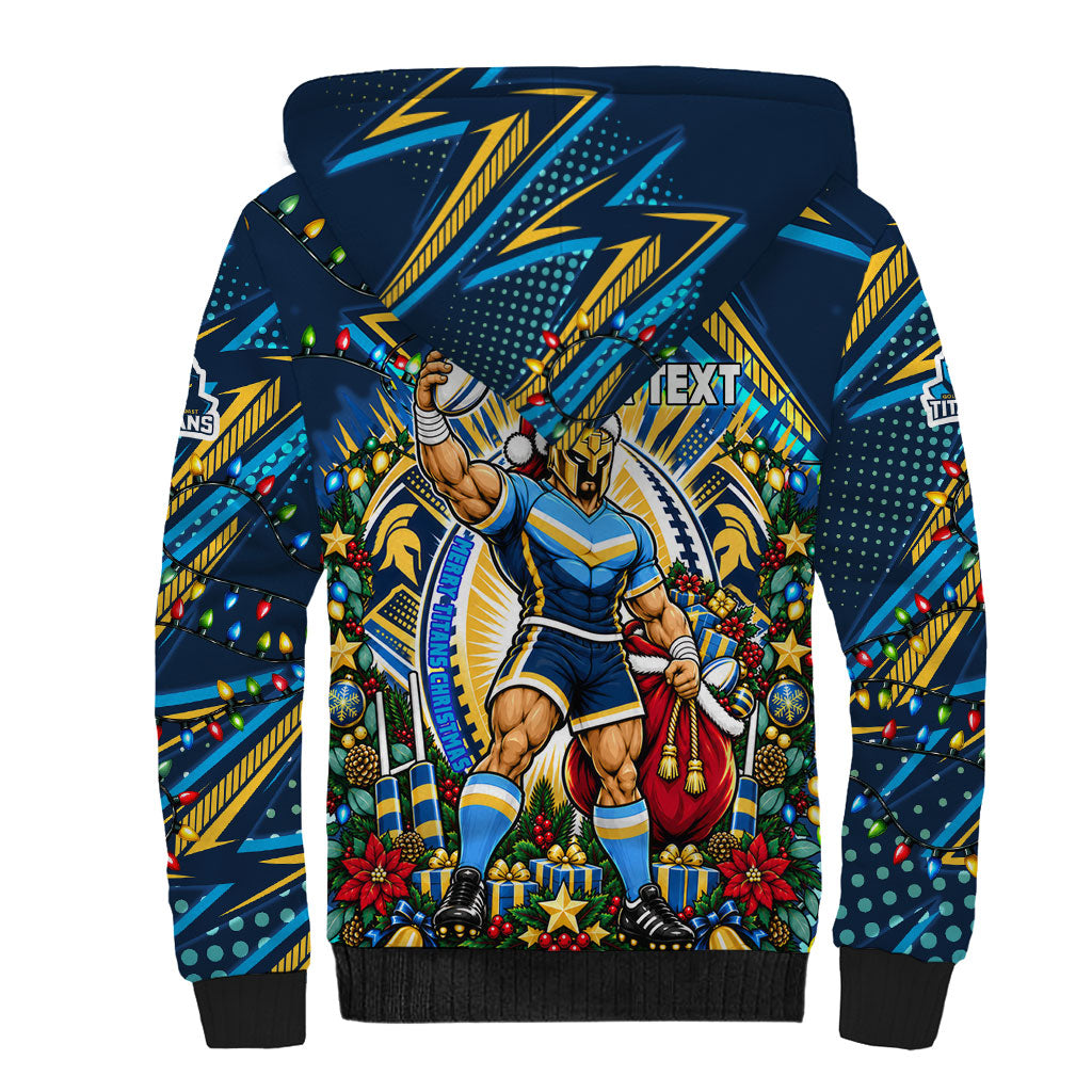 Personalized Gold Coast Titans Rugby Christmas Sherpa Hoodie Holiday Mascot Graphic Art Festive Lights Bow