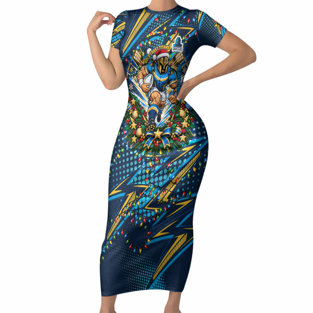 Personalized Gold Coast Titans Rugby Christmas Short Sleeve Bodycon Dress Holiday Mascot Graphic Art Festive Lights Bow