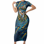 Personalized Gold Coast Titans Rugby Christmas Short Sleeve Bodycon Dress Holiday Mascot Graphic Art Festive Lights Bow