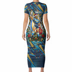 Personalized Gold Coast Titans Rugby Christmas Short Sleeve Bodycon Dress Holiday Mascot Graphic Art Festive Lights Bow