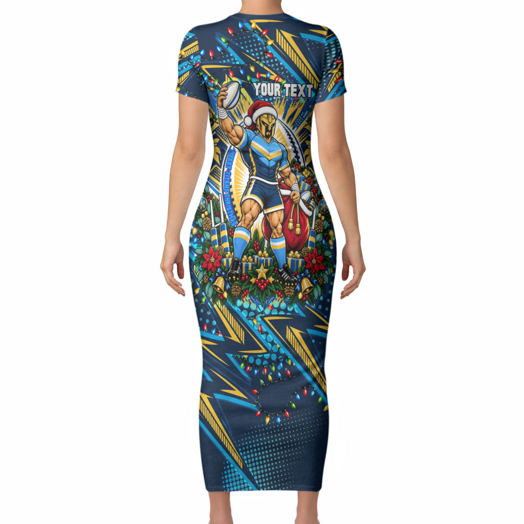 Personalized Gold Coast Titans Rugby Christmas Short Sleeve Bodycon Dress Holiday Mascot Graphic Art Festive Lights Bow