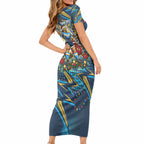 Personalized Gold Coast Titans Rugby Christmas Short Sleeve Bodycon Dress Holiday Mascot Graphic Art Festive Lights Bow