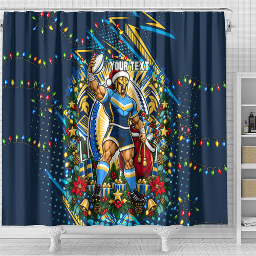 Personalized Gold Coast Titans Rugby Christmas Shower Curtain Holiday Mascot Graphic Art Festive Lights Bow