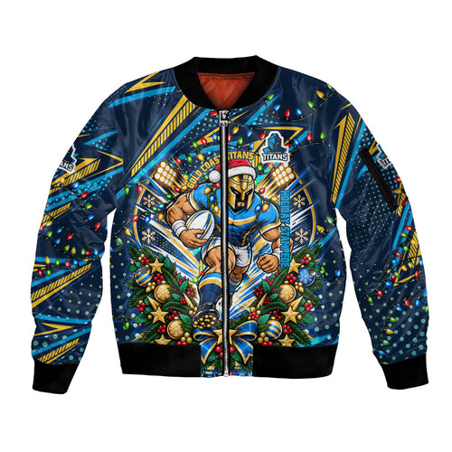 Personalized Gold Coast Titans Rugby Christmas Sleeve Zip Bomber Jacket Holiday Mascot Graphic Art Festive Lights Bow