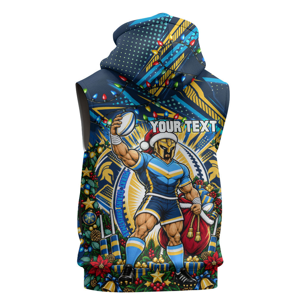 Personalized Gold Coast Titans Rugby Christmas Sleeveless Hoodie Holiday Mascot Graphic Art Festive Lights Bow
