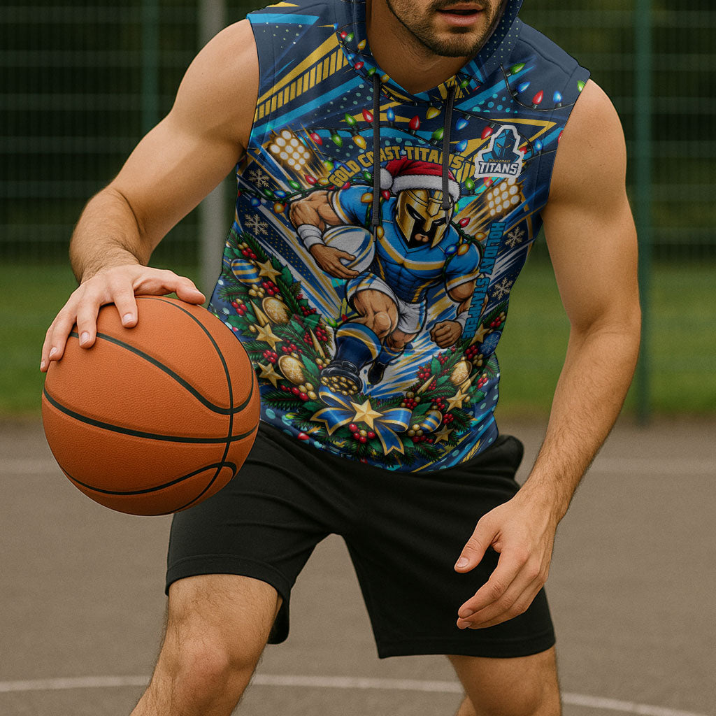 Personalized Gold Coast Titans Rugby Christmas Sleeveless Hoodie Holiday Mascot Graphic Art Festive Lights Bow