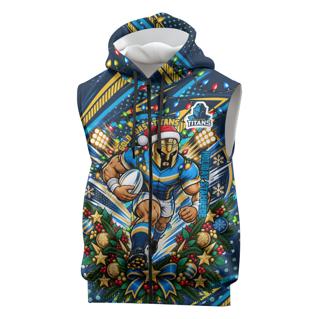 Personalized Gold Coast Titans Rugby Christmas Sleeveless Zip Hoodie Holiday Mascot Graphic Art Festive Lights Bow