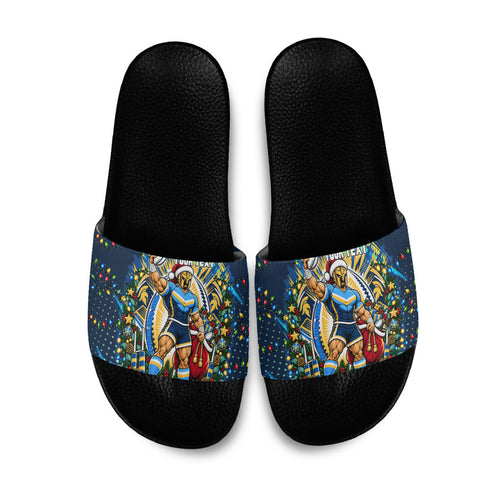 Personalized Gold Coast Titans Rugby Christmas Slide Sandals Holiday Mascot Graphic Art Festive Lights Bow