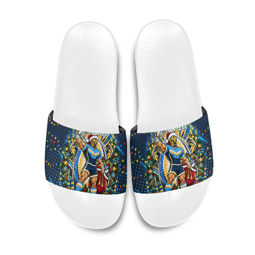 Personalized Gold Coast Titans Rugby Christmas Slide Sandals Holiday Mascot Graphic Art Festive Lights Bow