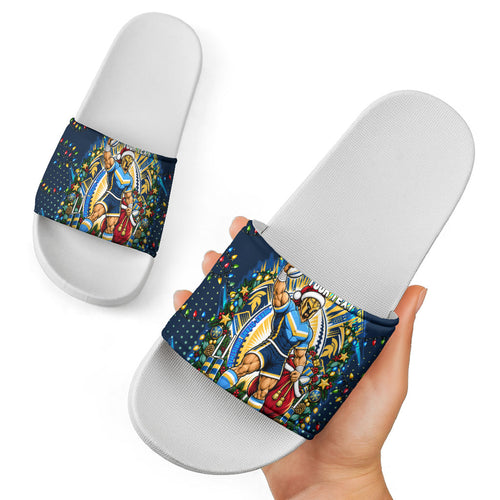 Personalized Gold Coast Titans Rugby Christmas Slide Sandals Holiday Mascot Graphic Art Festive Lights Bow
