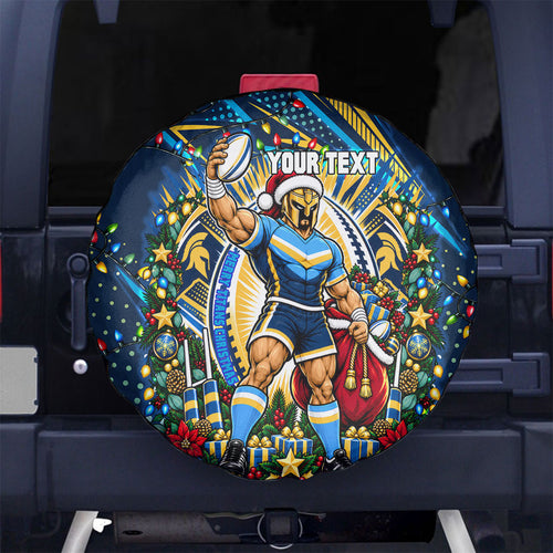 Personalized Gold Coast Titans Rugby Christmas Spare Tire Cover Holiday Mascot Graphic Art Festive Lights Bow