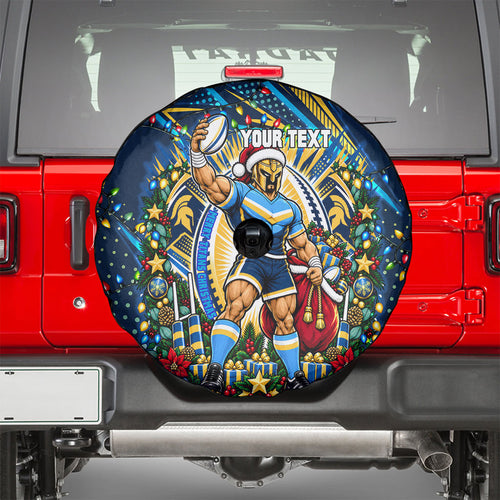 Personalized Gold Coast Titans Rugby Christmas Spare Tire Cover Holiday Mascot Graphic Art Festive Lights Bow