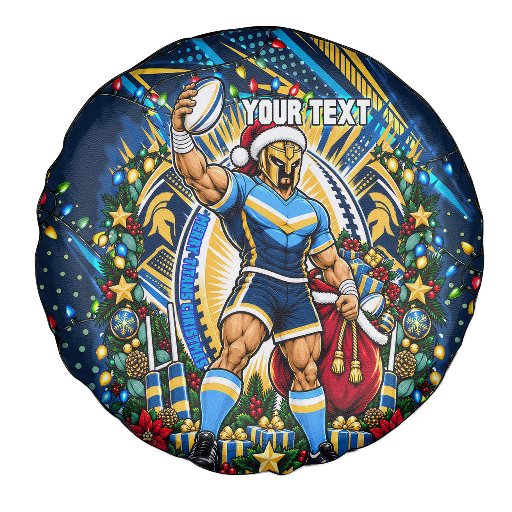 Personalized Gold Coast Titans Rugby Christmas Spare Tire Cover Holiday Mascot Graphic Art Festive Lights Bow