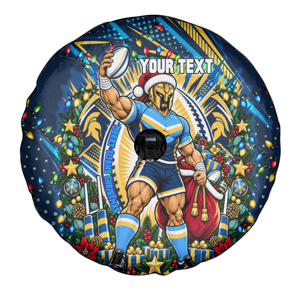 Personalized Gold Coast Titans Rugby Christmas Spare Tire Cover Holiday Mascot Graphic Art Festive Lights Bow