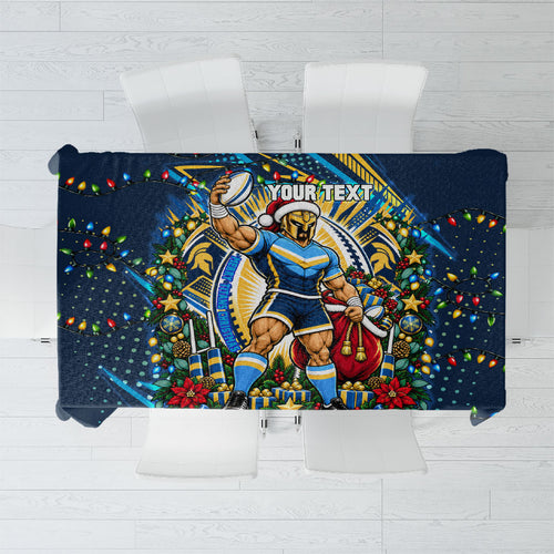 Personalized Gold Coast Titans Rugby Christmas Tablecloth Holiday Mascot Graphic Art Festive Lights Bow