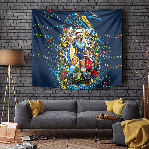Personalized Gold Coast Titans Rugby Christmas Tapestry Holiday Mascot Graphic Art Festive Lights Bow