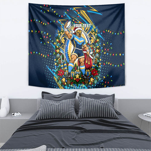 Personalized Gold Coast Titans Rugby Christmas Tapestry Holiday Mascot Graphic Art Festive Lights Bow