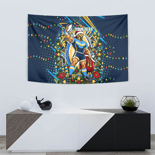 Personalized Gold Coast Titans Rugby Christmas Tapestry Holiday Mascot Graphic Art Festive Lights Bow