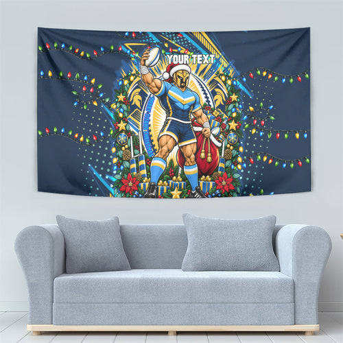 Personalized Gold Coast Titans Rugby Christmas Tapestry Holiday Mascot Graphic Art Festive Lights Bow