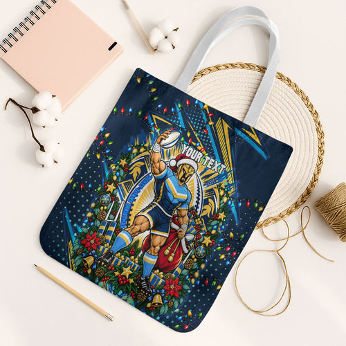 Personalized Gold Coast Titans Rugby Christmas Tote Bag Holiday Mascot Graphic Art Festive Lights Bow