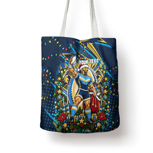 Personalized Gold Coast Titans Rugby Christmas Tote Bag Holiday Mascot Graphic Art Festive Lights Bow