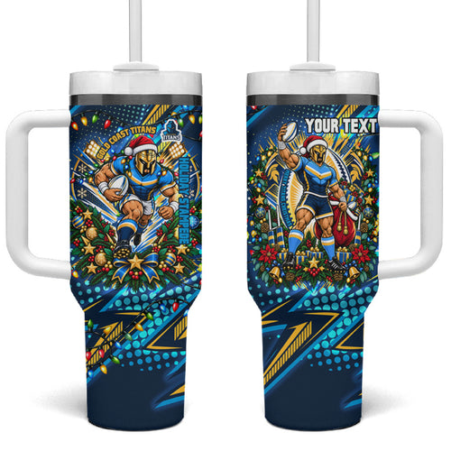 Personalized Gold Coast Titans Rugby Christmas Tumbler With Handle Holiday Mascot Graphic Art Festive Lights Bow