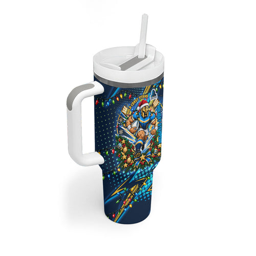Personalized Gold Coast Titans Rugby Christmas Tumbler With Handle Holiday Mascot Graphic Art Festive Lights Bow