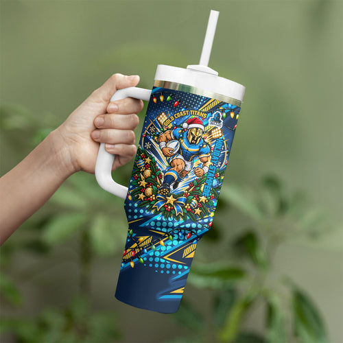 Personalized Gold Coast Titans Rugby Christmas Tumbler With Handle Holiday Mascot Graphic Art Festive Lights Bow