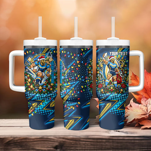 Personalized Gold Coast Titans Rugby Christmas Tumbler With Handle Holiday Mascot Graphic Art Festive Lights Bow