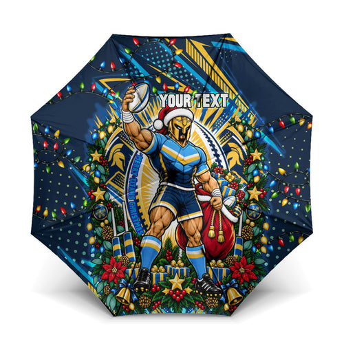 Personalized Gold Coast Titans Rugby Christmas Umbrella Holiday Mascot Graphic Art Festive Lights Bow