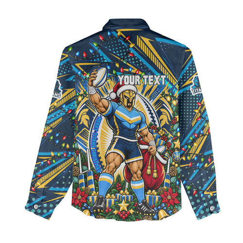 Personalized Gold Coast Titans Rugby Christmas Women Casual Shirt Holiday Mascot Graphic Art Festive Lights Bow