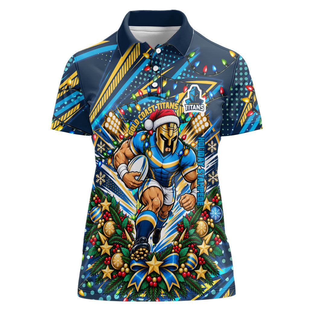 Personalized Gold Coast Titans Rugby Christmas Women Polo Shirt Holiday Mascot Graphic Art Festive Lights Bow