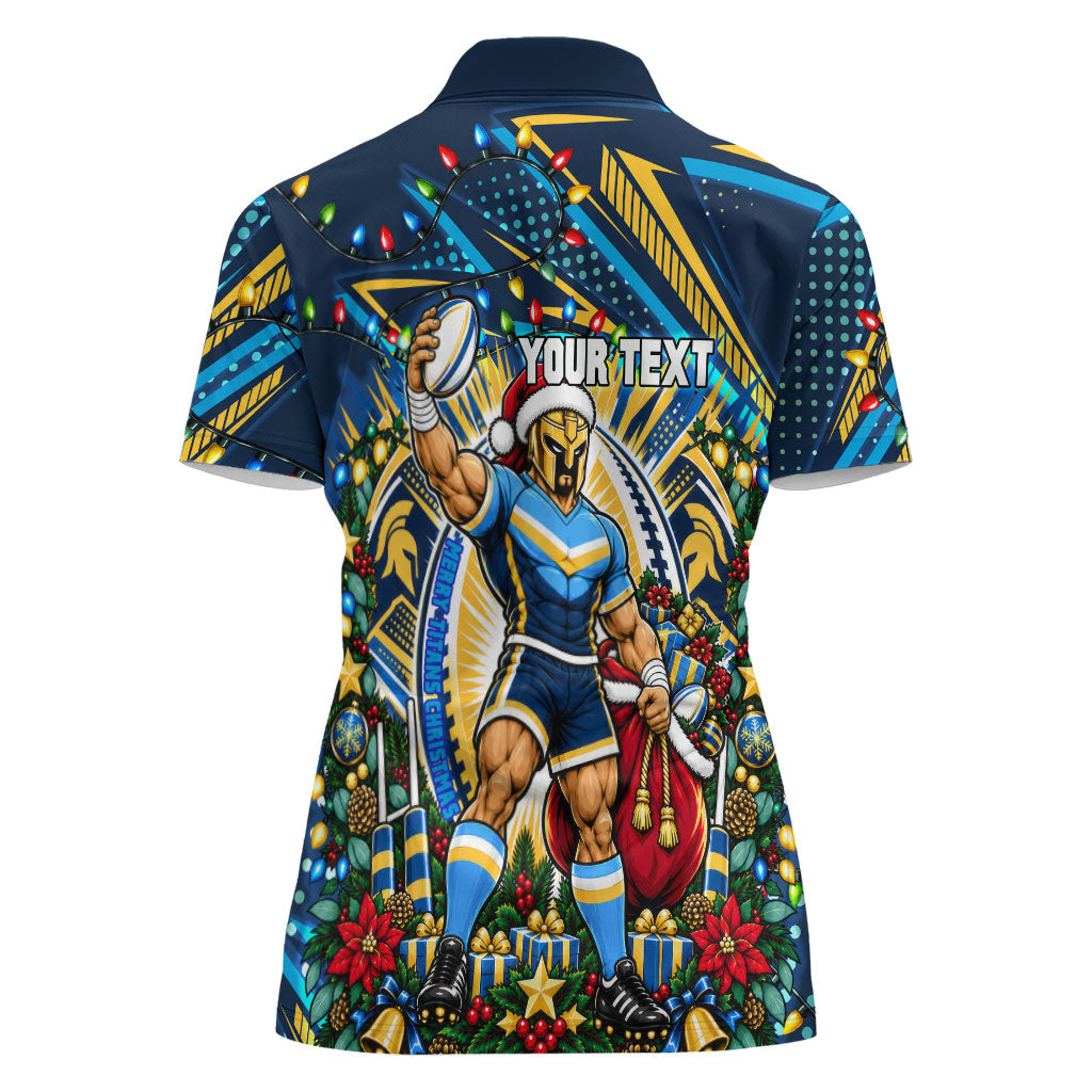 Personalized Gold Coast Titans Rugby Christmas Women Polo Shirt Holiday Mascot Graphic Art Festive Lights Bow