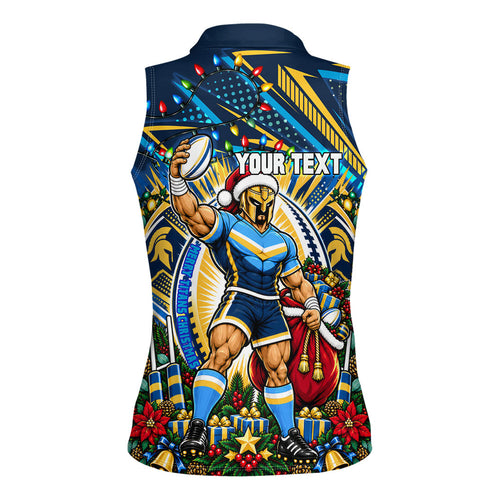 Personalized Gold Coast Titans Rugby Christmas Women Sleeveless Polo Shirt Holiday Mascot Graphic Art Festive Lights Bow
