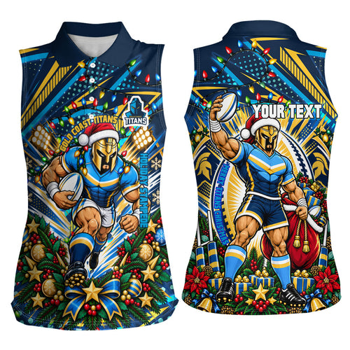 Personalized Gold Coast Titans Rugby Christmas Women Sleeveless Polo Shirt Holiday Mascot Graphic Art Festive Lights Bow