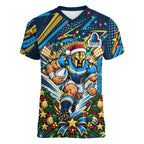 Personalized Gold Coast Titans Rugby Christmas Women V-Neck T-Shirt Holiday Mascot Graphic Art Festive Lights Bow