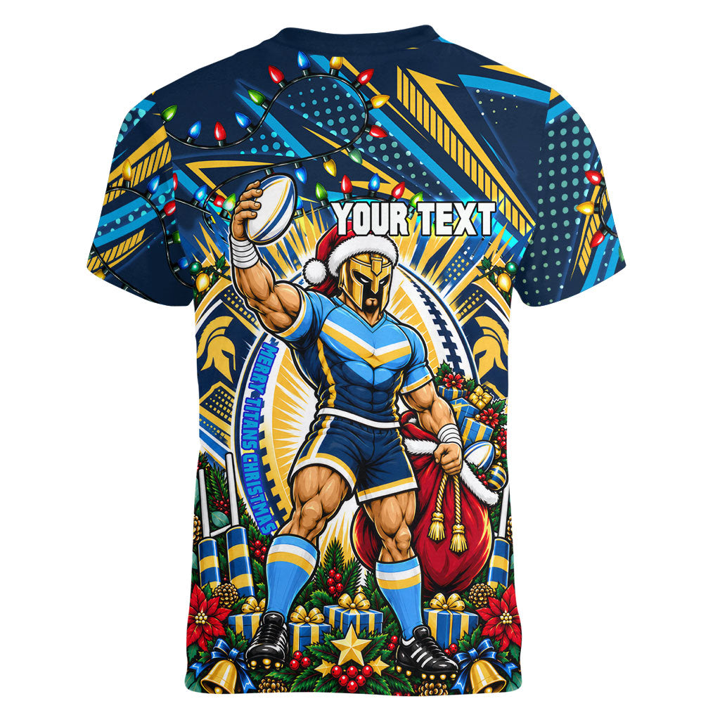 Personalized Gold Coast Titans Rugby Christmas Women V-Neck T-Shirt Holiday Mascot Graphic Art Festive Lights Bow