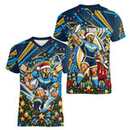 Personalized Gold Coast Titans Rugby Christmas Women V-Neck T-Shirt Holiday Mascot Graphic Art Festive Lights Bow