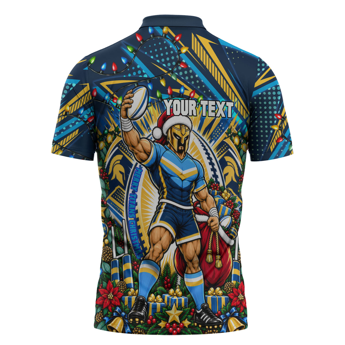 Personalized Gold Coast Titans Rugby Christmas Zipper Polo Shirt Holiday Mascot Graphic Art Festive Lights Bow