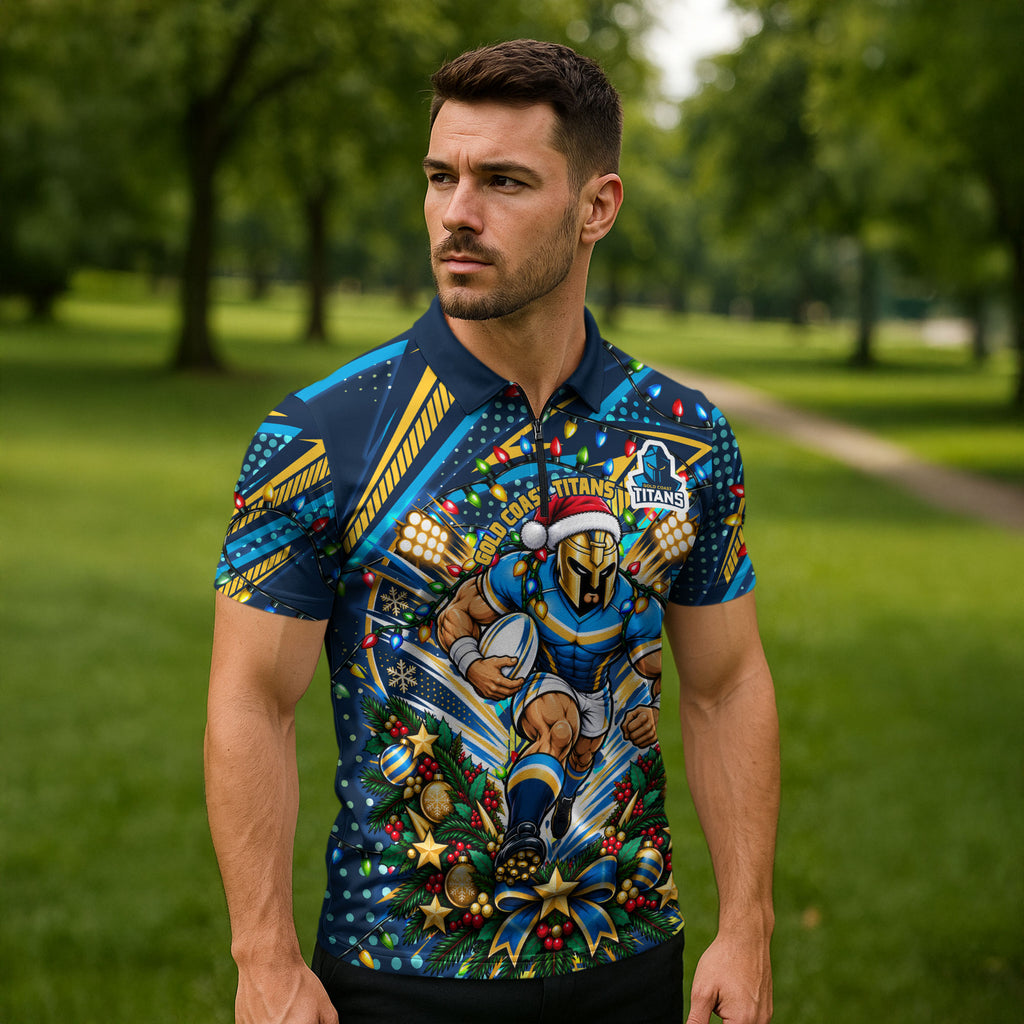 Personalized Gold Coast Titans Rugby Christmas Zipper Polo Shirt Holiday Mascot Graphic Art Festive Lights Bow