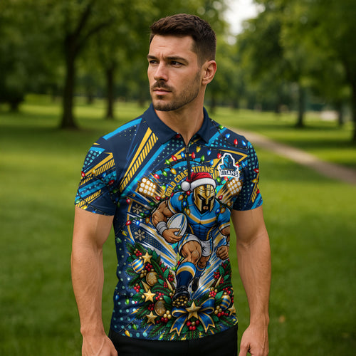 Personalized Gold Coast Titans Rugby Christmas Zipper Polo Shirt Holiday Mascot Graphic Art Festive Lights Bow