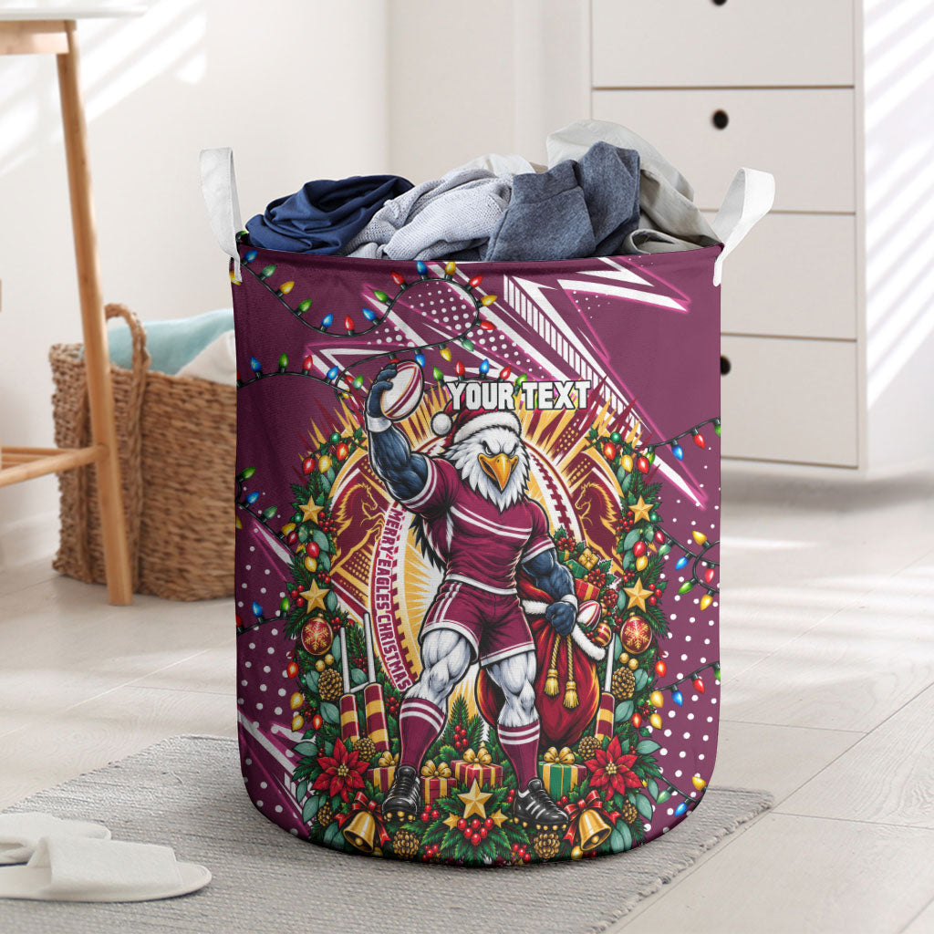 Personalized Manly Warringah Sea Eagles Rugby Christmas Laundry Basket Holiday Mascot Graphic Art Festive Lights Bow
