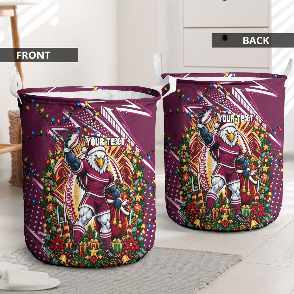 Personalized Manly Warringah Sea Eagles Rugby Christmas Laundry Basket Holiday Mascot Graphic Art Festive Lights Bow