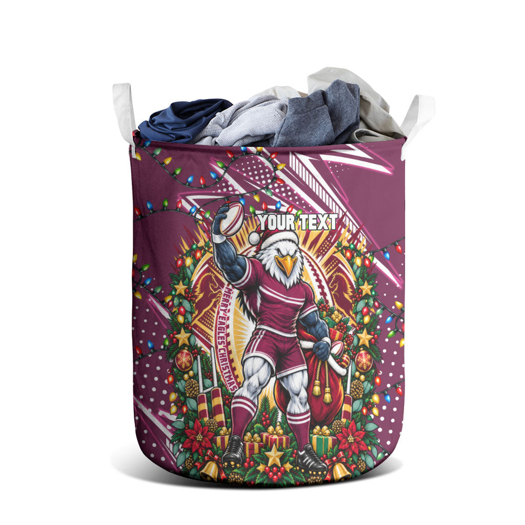 Personalized Manly Warringah Sea Eagles Rugby Christmas Laundry Basket Holiday Mascot Graphic Art Festive Lights Bow
