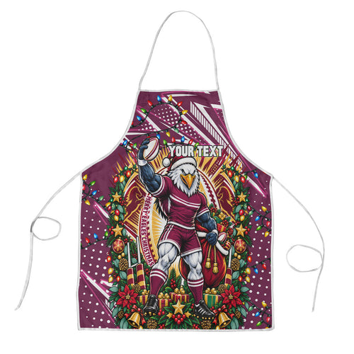 Personalized Manly Warringah Sea Eagles Rugby Christmas Apron Holiday Mascot Graphic Art Festive Lights Bow